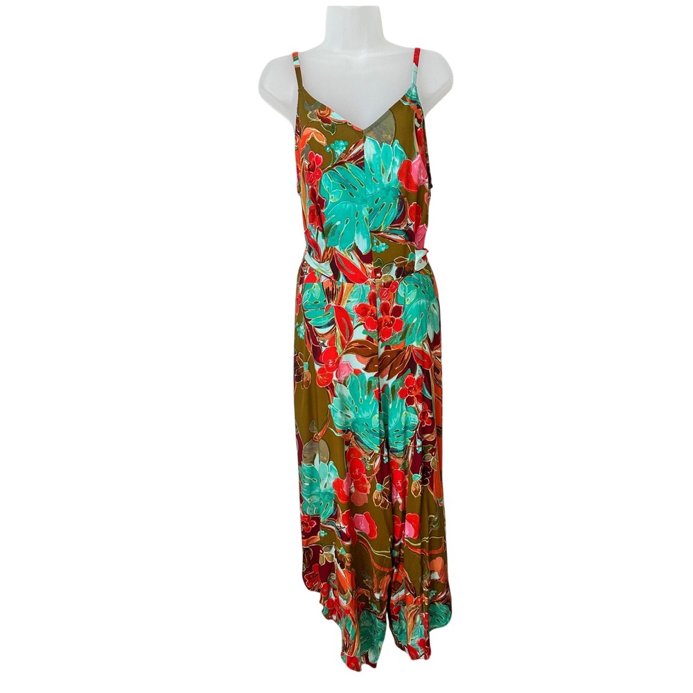 Ivy Street Tropical Floral Wide Leg Jumpsuit XL Teal Orange Handkerchief Hem